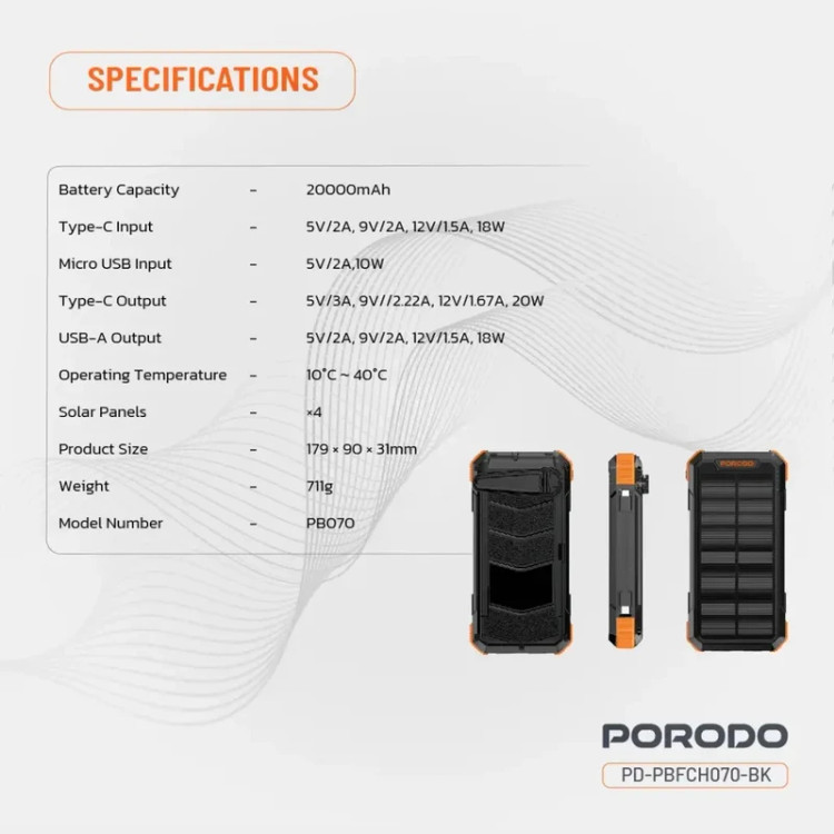 پاوربانک خورشیدی پرودو مدل PD-PBFCH070 ظرفیت ۲۰۰۰۰ میلیآمپر با ۴ پنل